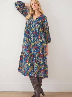 Printfresh Day Tripper Dress Large Midnight Swim Feline Fatale Long Sleeve NWT